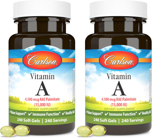 Carlson Vitamin A Palmitate 15000 IU (4500 mcg RAE) - Vision Health, Skin & Immune Support | 240 Softgels (Pack of 2) BritishVita | Premium UK Vitamins & Wellness Supplements