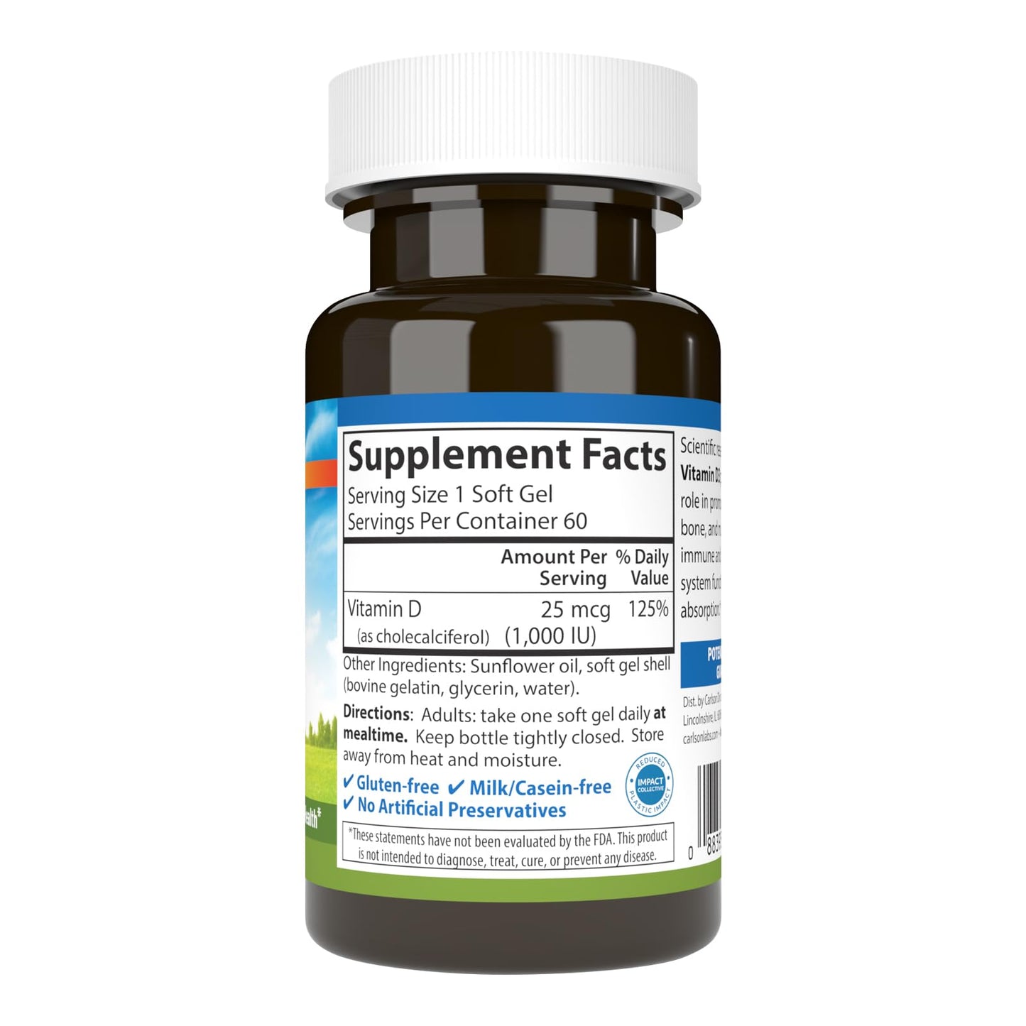 Carlson - Vitamin D3, 1000 IU (25 mcg), Bone Health, Muscle Health, Cholecalciferol, Vitamin D Supplements, Vitamin D3 Soft Gels, 60 Softgels