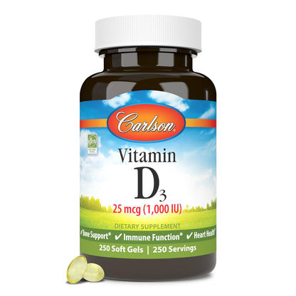 Carlson Vitamin D3 1000 IU Soft Gels – Bone & Muscle Health, 250 Softgels