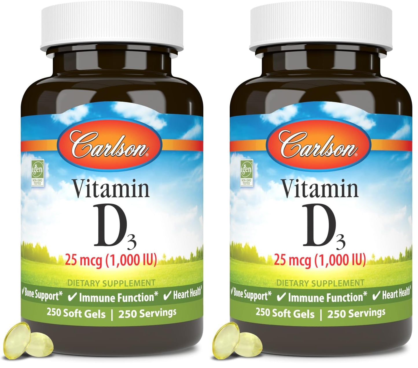 Carlson Vitamin D3 1000 IU Soft Gels – Bone & Muscle Health (2-Pack, 250 Softgels Each)