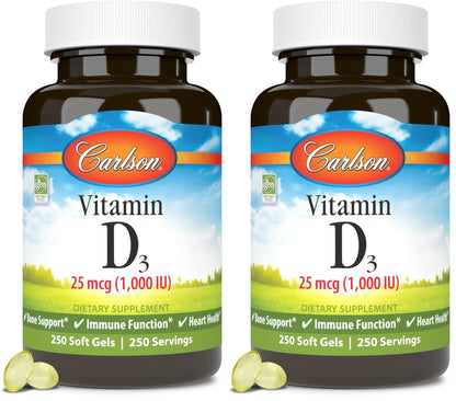 Carlson Vitamin D3 1000 IU Soft Gels – Bone & Muscle Health (2-Pack, 250 Softgels Each)