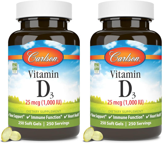Carlson Vitamin D3 1000 IU Soft Gels – Bone & Muscle Health (2-Pack, 250 Softgels Each) BritishVita | Premium UK Vitamins & Wellness Supplements