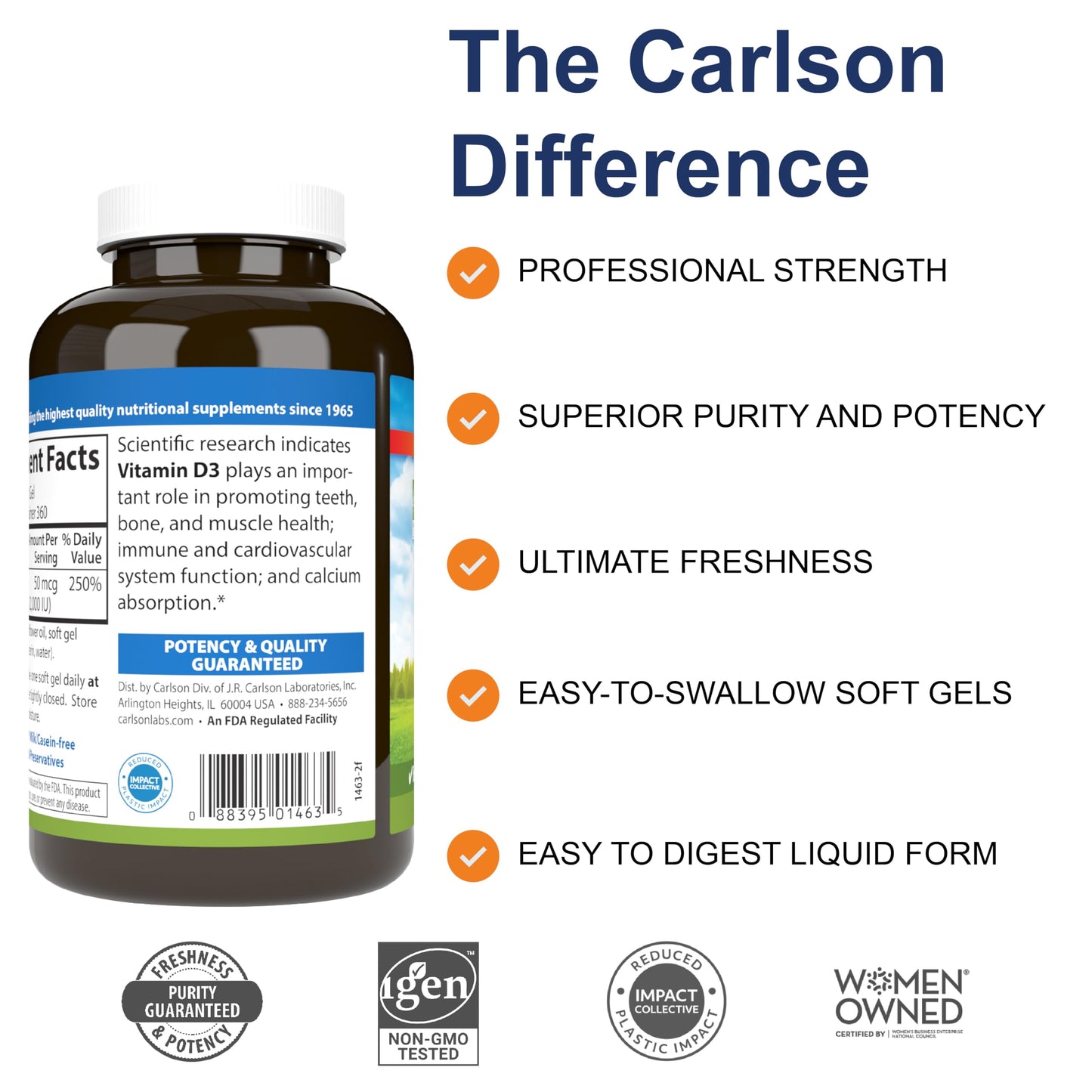 Carlson Vitamin D3 2000 IU – 360 Softgels | Bone & Immune Health