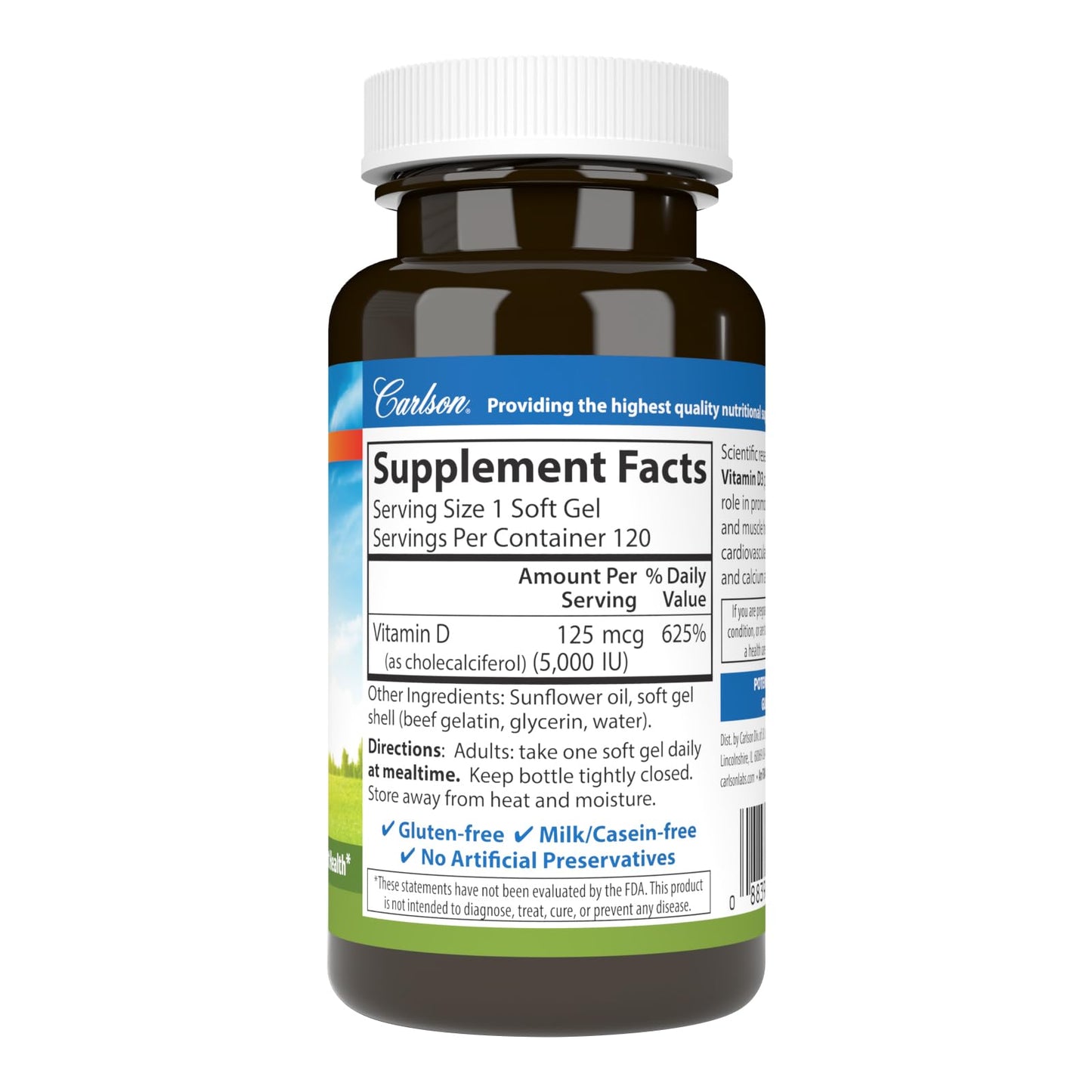 Carlson Vitamin D3 5000 IU Soft Gels – Bone & Muscle Health, 120 Softgels