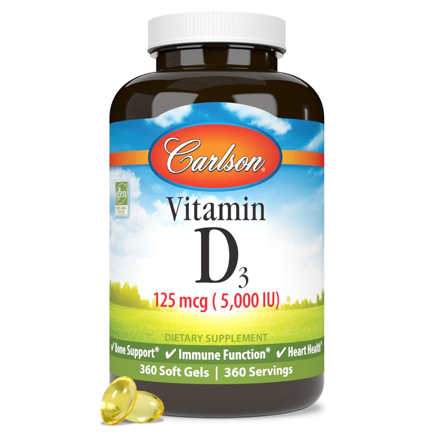 Carlson Vitamin D3 5000 IU Soft Gels – Bone & Muscle Health (360 Softgels)