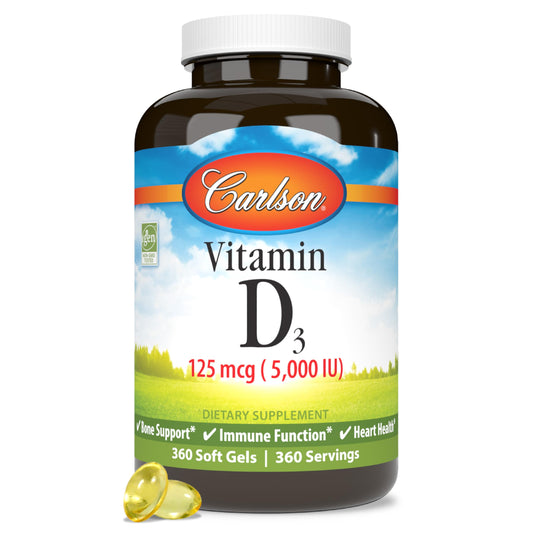 Carlson Vitamin D3 5000 IU Soft Gels – Bone & Muscle Health (360 Softgels) BritishVita | Premium UK Vitamins & Wellness Supplements