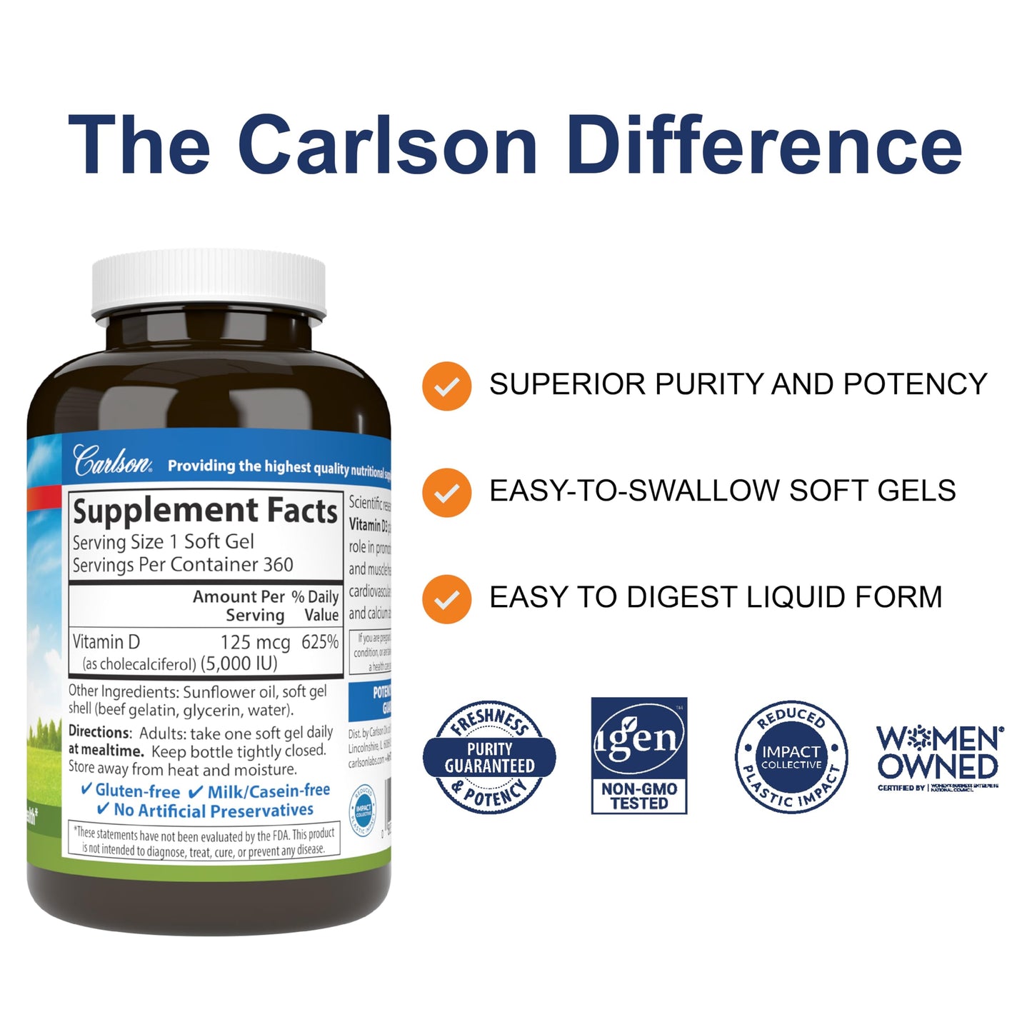 Carlson Vitamin D3 5000 IU Soft Gels – Bone & Muscle Health (360 Softgels)
