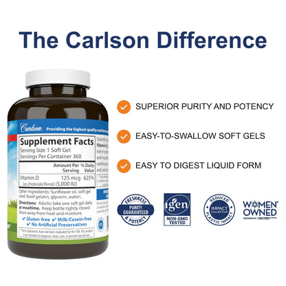 Carlson Vitamin D3 5000 IU Soft Gels – Bone & Muscle Health (360 Softgels)