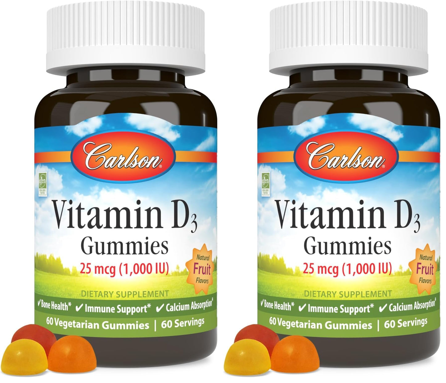 Carlson Vitamin D3 Gummies 1000 IU – Bone Health & Immune Support (Pack of 2, 60 Veg Gummies)