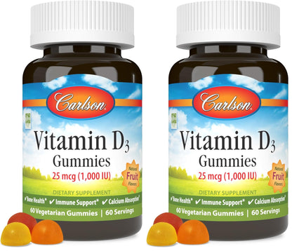 Carlson Vitamin D3 Gummies 1000 IU – Bone Health & Immune Support (Pack of 2, 60 Veg Gummies)