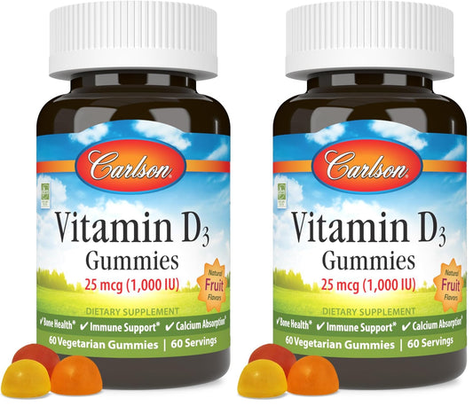 Carlson Vitamin D3 Gummies 1000 IU – Bone Health & Immune Support (Pack of 2, 60 Veg Gummies) BritishVita | Premium UK Vitamins & Wellness Supplements
