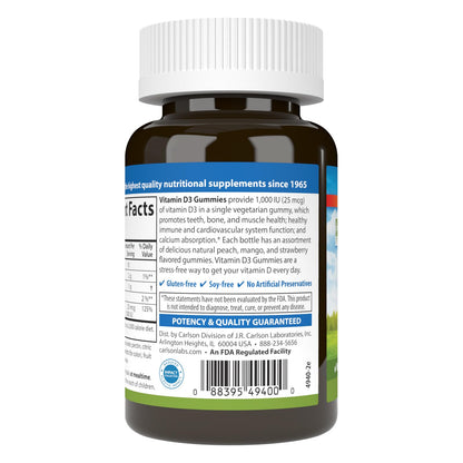 Carlson Vitamin D3 Gummies 1000 IU – Bone Health & Immune Support (Pack of 2, 60 Veg Gummies)