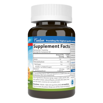 Carlson Vitamin D3 Gummies 1000 IU – Bone Health & Immune Support (Pack of 2, 60 Veg Gummies)