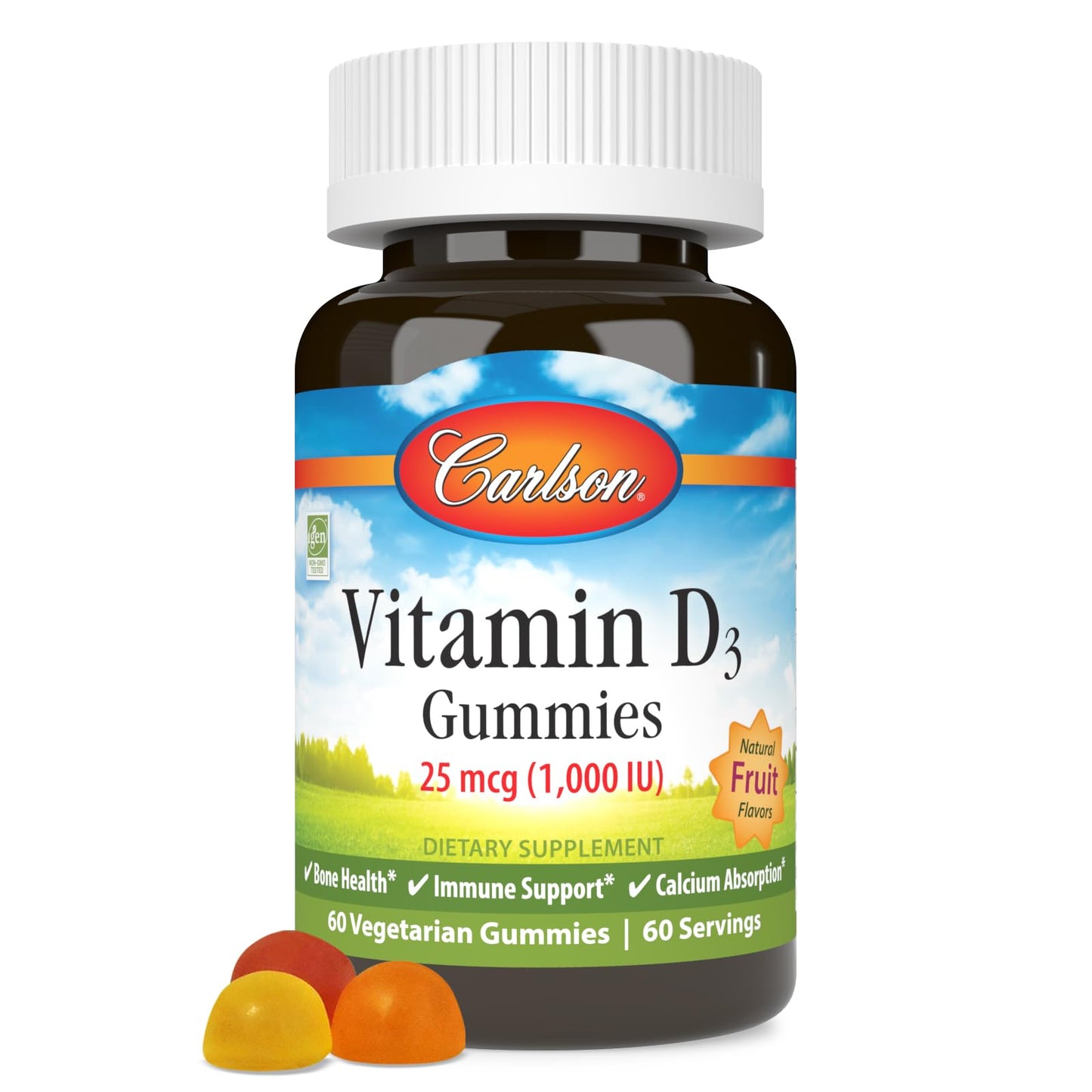 Carlson Vitamin D3 Gummies 1000 IU (25 mcg) – Bone Health, Immune Support & Calcium Absorption | 60 Vegetarian Gummies