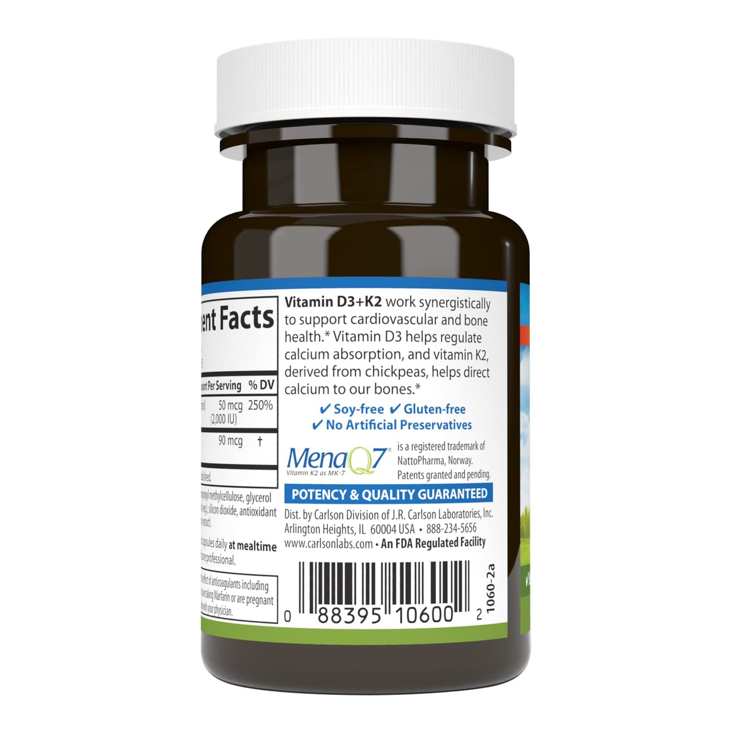 Carlson Vitamin D3 + K2 (50 mcg/2000 IU) – Bone Support, 30 Capsules