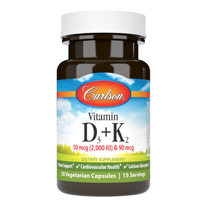Carlson Vitamin D3 + K2 (50 mcg/2000 IU) – Bone Support, 30 Capsules