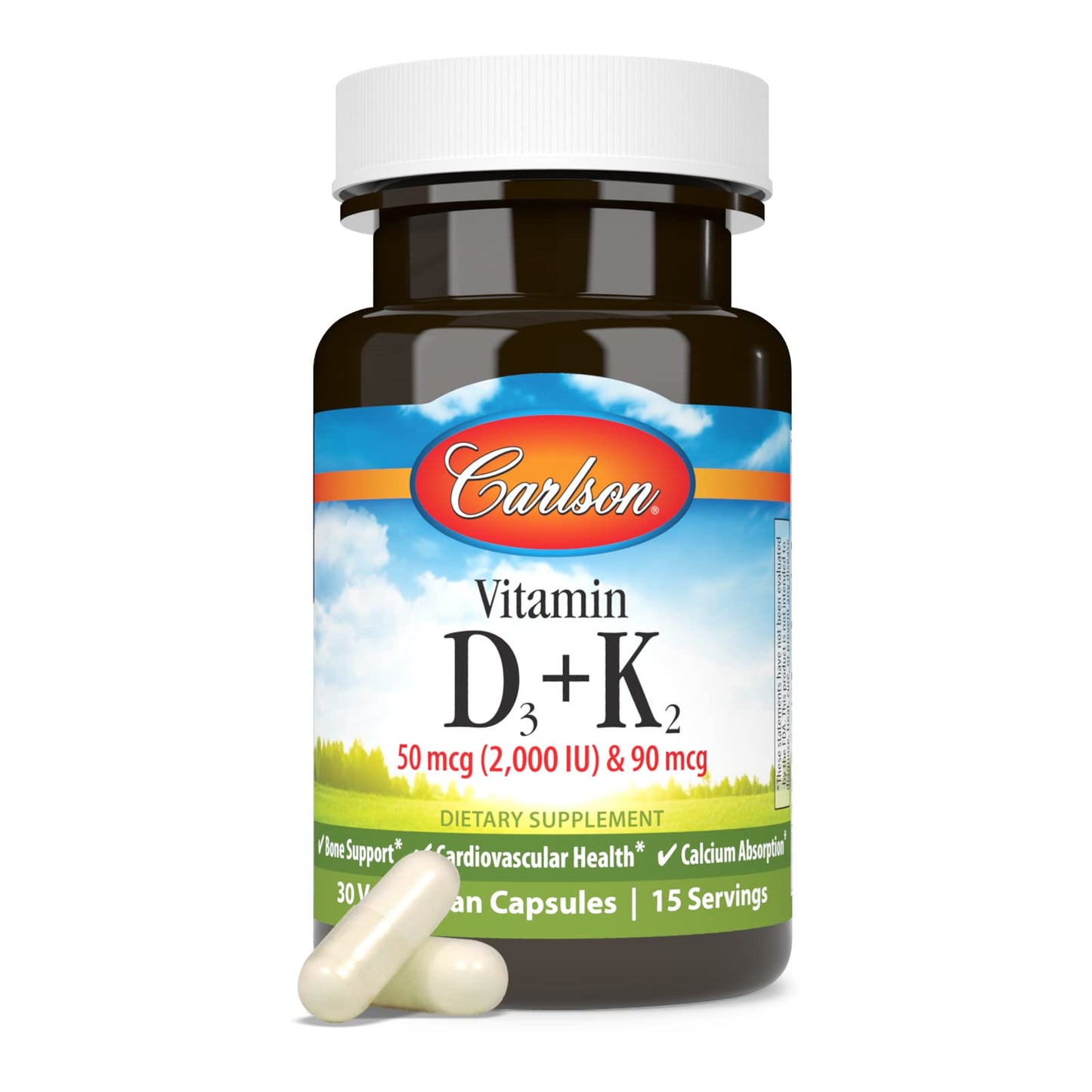 Carlson Vitamin D3 + K2 (50 mcg/2000 IU) – Bone Support, 30 Capsules