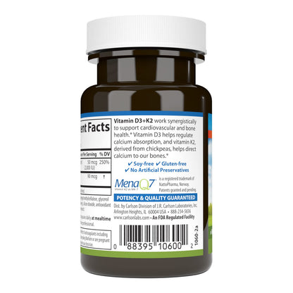 Carlson Vitamin D3 + K2 (50 mcg/2000 IU) – Bone Support, 30 Capsules