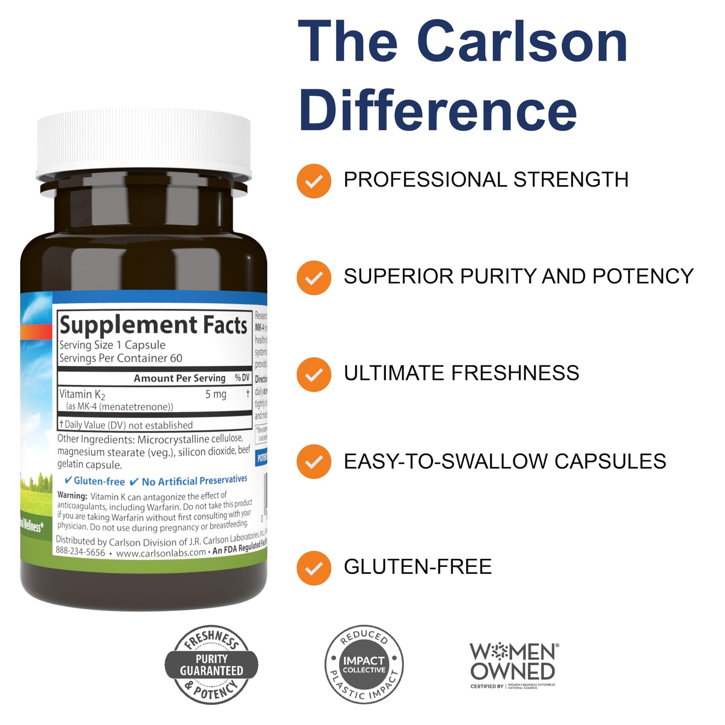 Carlson Vitamin K2 MK-4 (Menatetrenone) – 60 Soy-Free Capsules, Bone & Heart Health