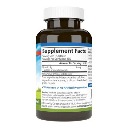 Carlson Vitamin K2 MK-4 (Menatetrenone) - Soy-Free, 180 Capsules | Bone & Heart Health BritishVita | Premium UK Vitamins & Wellness Supplements