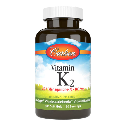 Carlson - Vitamin K2 MK-7 (Menaquinone), 180 mcg, Bone Support, Calcium Bioavailability, K2 Vitamin, Vitamin K-2, 180 Softgels BritishVita | Premium UK Vitamins & Wellness Supplements