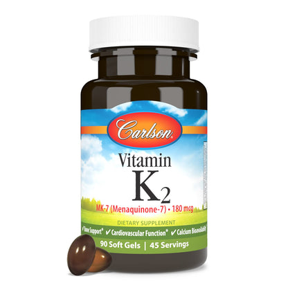 Carlson Vitamin K2 MK-7 (180 mcg) – Bone Health, Calcium Bioavailability, 90 Softgels