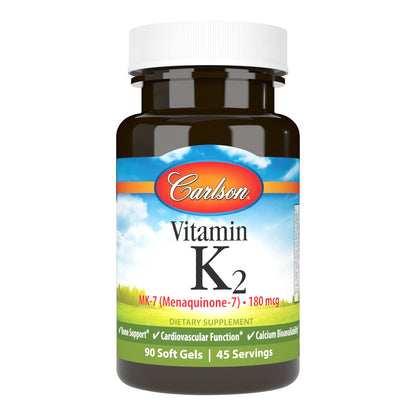 Carlson Vitamin K2 MK-7 (180 mcg) – Bone Health, Calcium Bioavailability, 90 Softgels