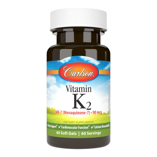 Carlson - Vitamin K2 MK-7 (Menaquinone), 90 mcg, Bone Support, Calcium Bioavailability, K2 Vitamin, Vitamin K-2, 60 Softgels BritishVita | Premium UK Vitamins & Wellness Supplements