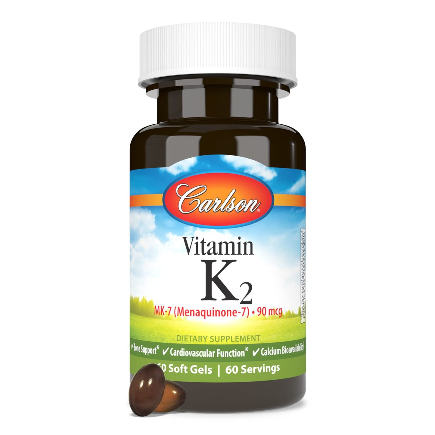 Carlson - Vitamin K2 MK-7 (Menaquinone), 90 mcg, Bone Support, Calcium Bioavailability, K2 Vitamin, Vitamin K-2, 60 Softgels
