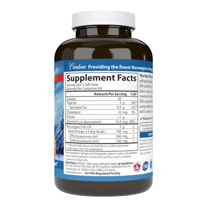 Carlson The Very Finest Fish Oil - 700 mg Omega-3s, Norwegian, Wild-Caught, 120 Softgels