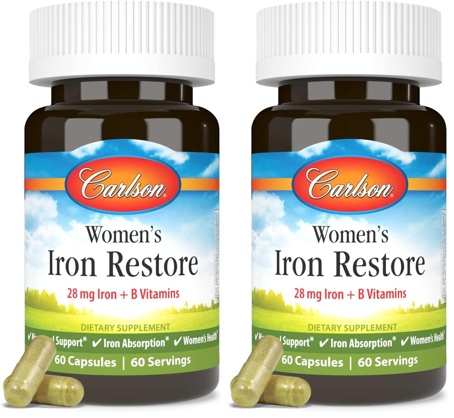Carlson Women's Iron Restore - 28 mg Iron + B Vitamins for Menstrual Support, Iron Absorption & Women's Health | 60 Capsules (Pack of 2)