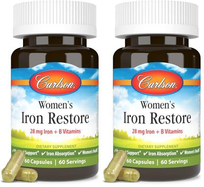Carlson Women's Iron Restore - 28 mg Iron + B Vitamins for Menstrual Support, Iron Absorption & Women's Health | 60 Capsules (Pack of 2)