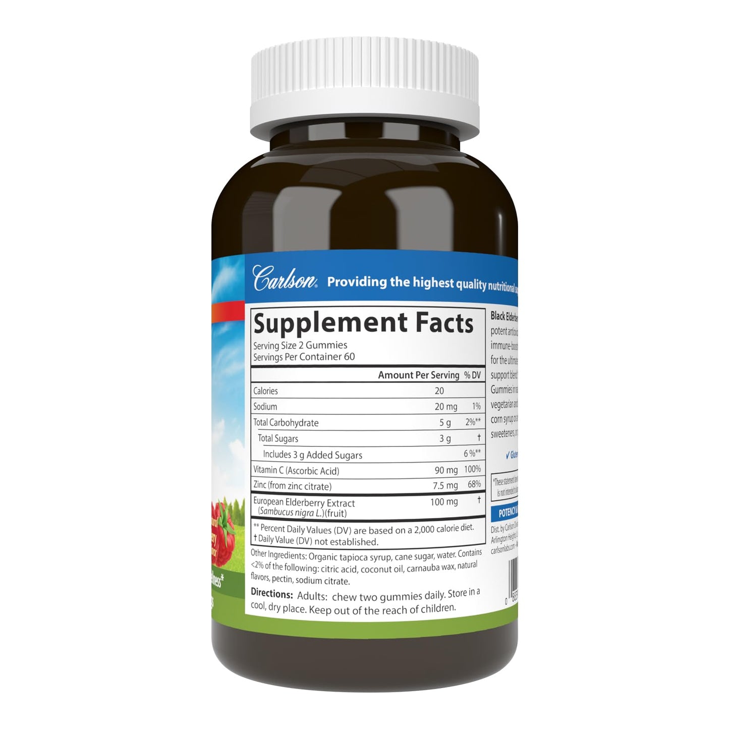 Carlson Black Elderberry Gummies with Vitamin C & Zinc | Immune Support | 120 Gummies