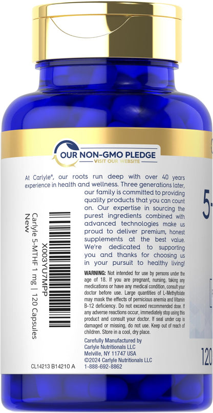 Carlyle 5-MTHF L-Methylfolate 1mg – 120 Capsules, Non-GMO & Gluten Free