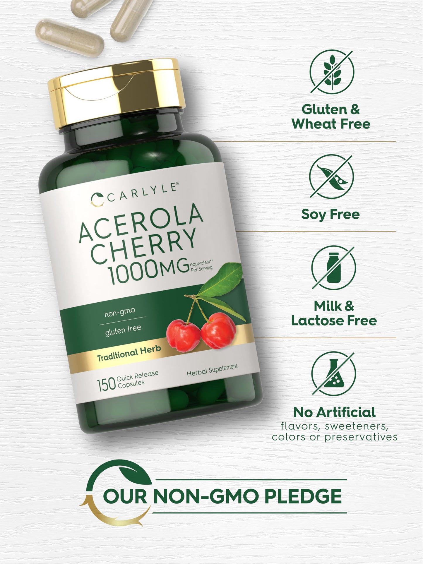 Carlyle Acerola Cherry Capsules 1000mg - 150 Count | Non-GMO & Gluten Free