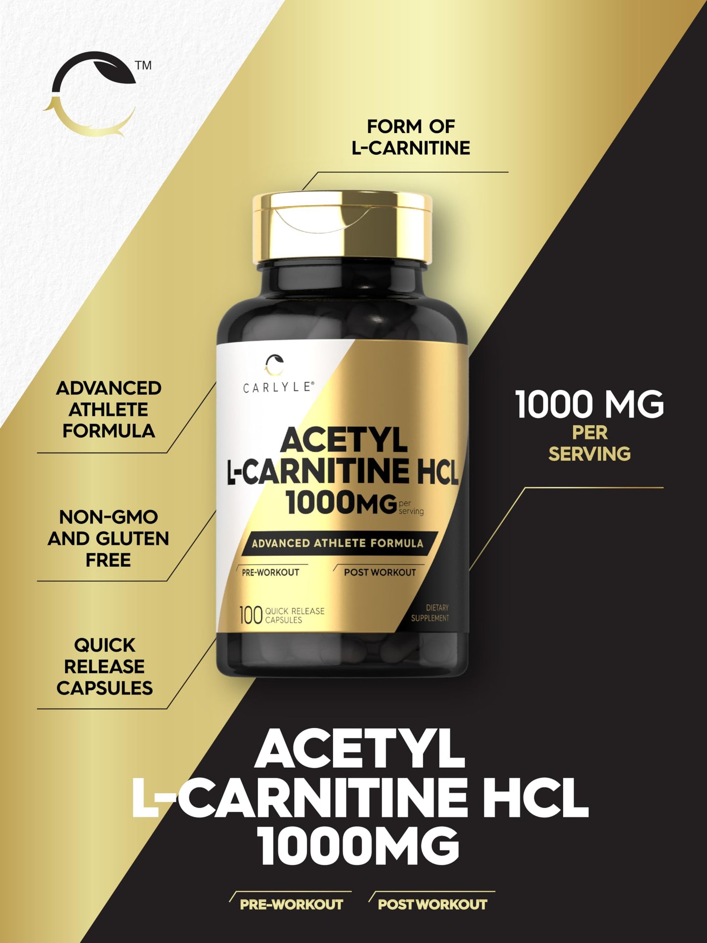 Carlyle Acetyl L-Carnitine HCL | 1000mg | 100 Capsules | Advanced Athlete Formula | Pre-Workout Supplement | Non-GMO & Gluten Free