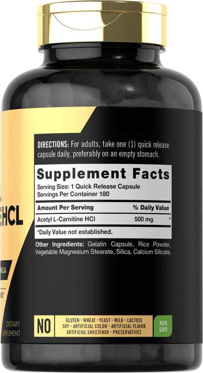 Carlyle Acetyl L-Carnitine HCl 500mg | 180 Count Capsules | Non-GMO & Gluten Free | Advanced Athlete Formula