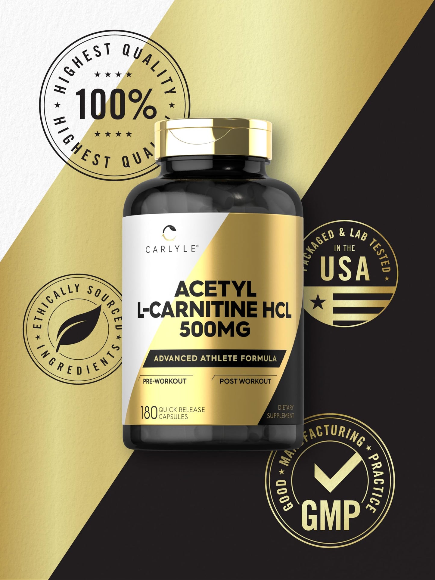 Carlyle Acetyl L-Carnitine HCl 500mg | 180 Count Capsules | Non-GMO & Gluten Free | Advanced Athlete Formula
