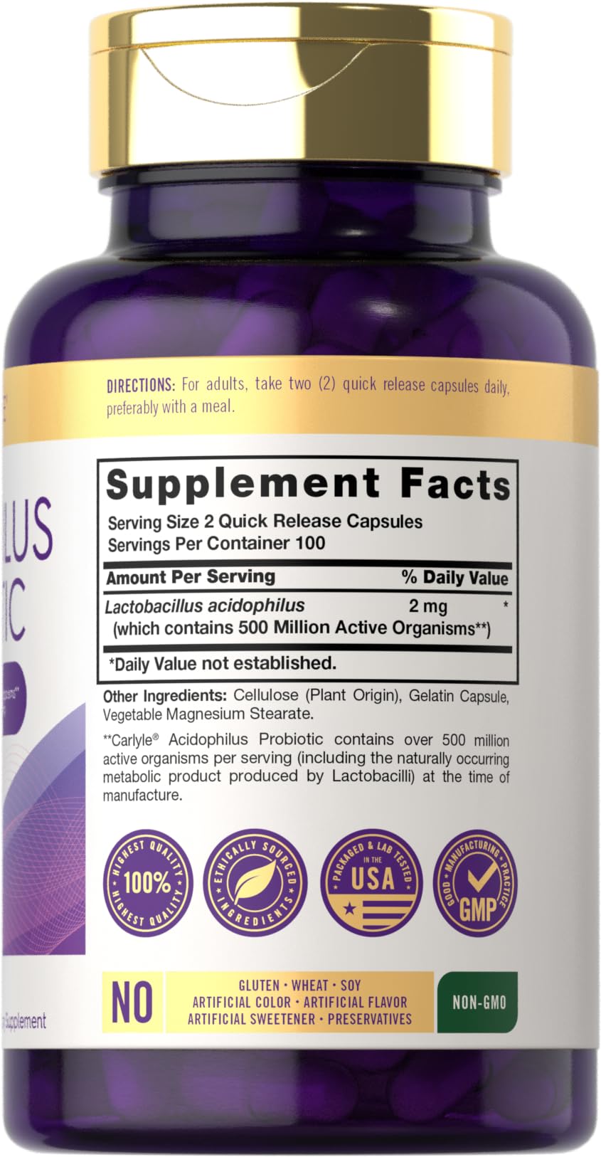 Carlyle Acidophilus Probiotic Capsules – 500M CFU, 200 Pills | Non-GMO & Gluten Free