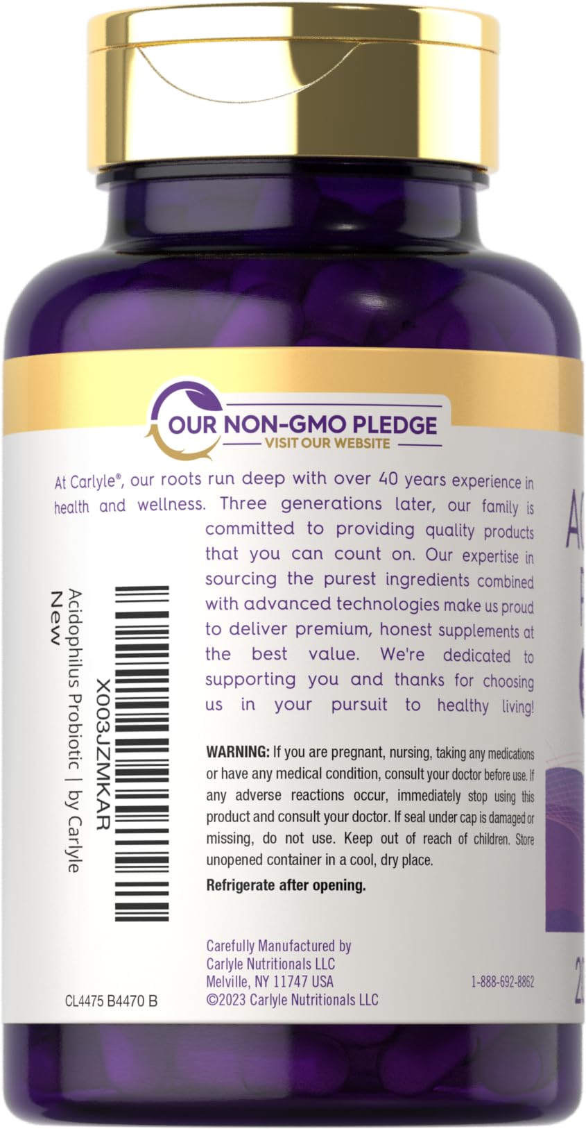 Carlyle Acidophilus Probiotic Capsules – 500M CFU, 200 Pills | Non-GMO & Gluten Free