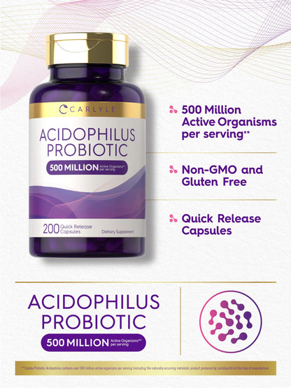 Carlyle Acidophilus Probiotic Capsules – 500M CFU, 200 Pills | Non-GMO & Gluten Free