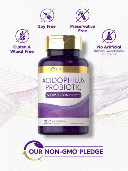 Carlyle Acidophilus Probiotic Capsules – 500M CFU, 200 Pills | Non-GMO & Gluten Free
