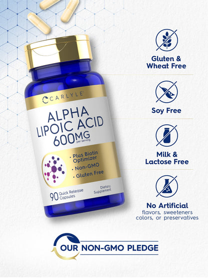 Carlyle Alpha Lipoic Acid 600mg + Biotin Optimizer | 90 Capsules | Non-GMO & Gluten Free
