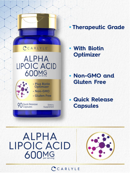 Carlyle Alpha Lipoic Acid 600mg + Biotin Optimizer | 90 Capsules | Non-GMO & Gluten Free