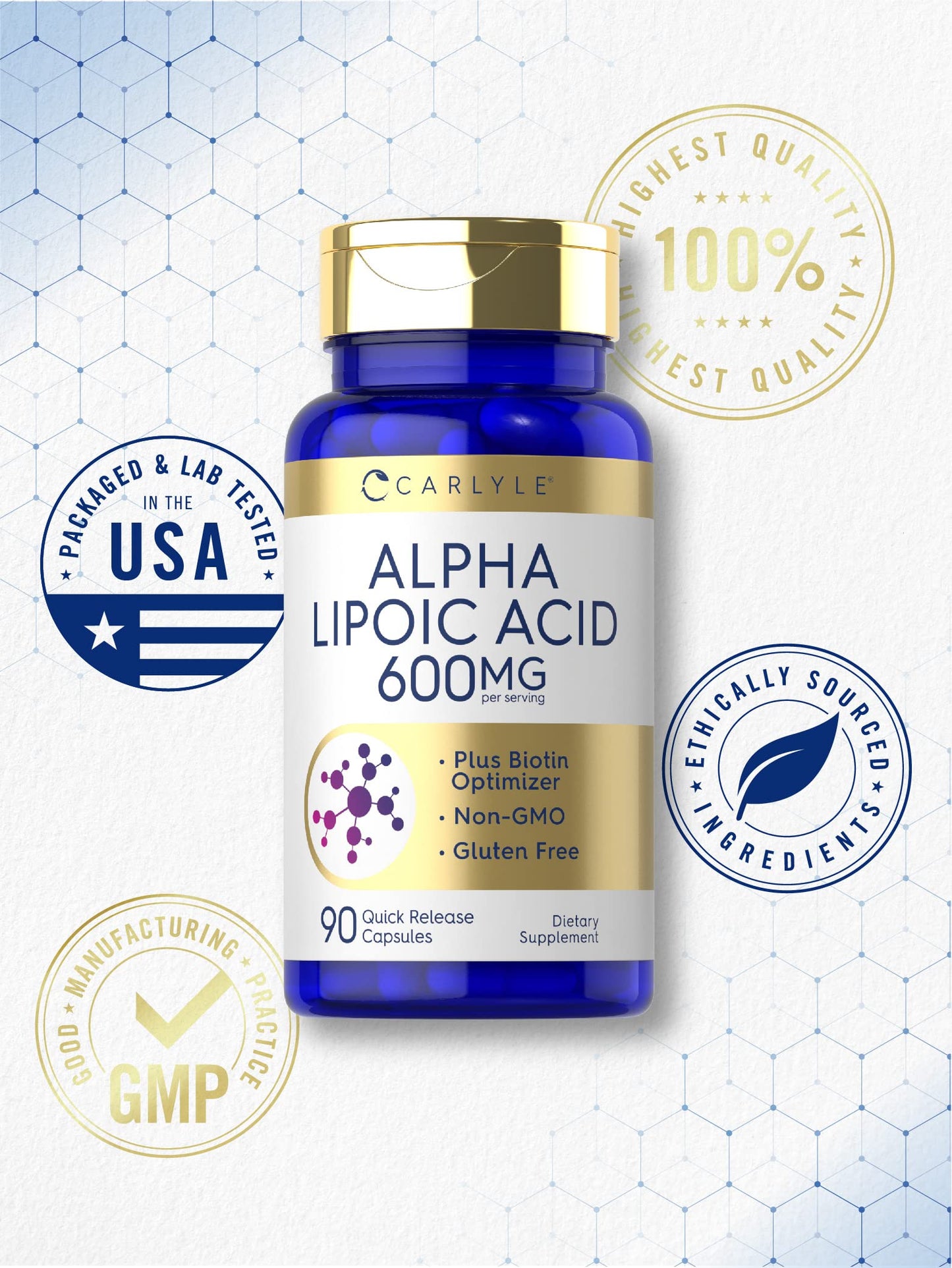 Carlyle Alpha Lipoic Acid 600mg + Biotin Optimizer | 90 Capsules | Non-GMO & Gluten Free