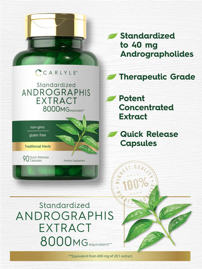 Carlyle Andrographis Paniculata Capsules | 8000mg | 90 Pills | Herb Extract Supplement | Non-GMO and Gluten Free