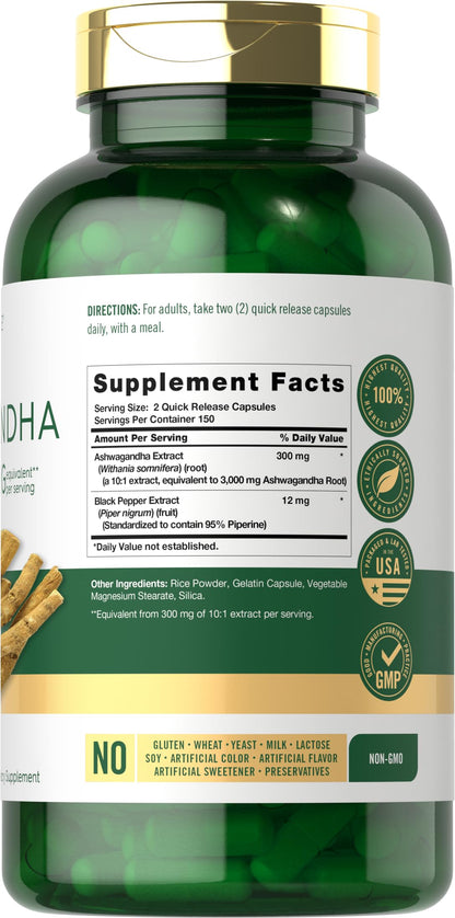 Carlyle Ashwagandha 3000mg - 300 Capsules for Women & Men - Non-GMO & Gluten Free