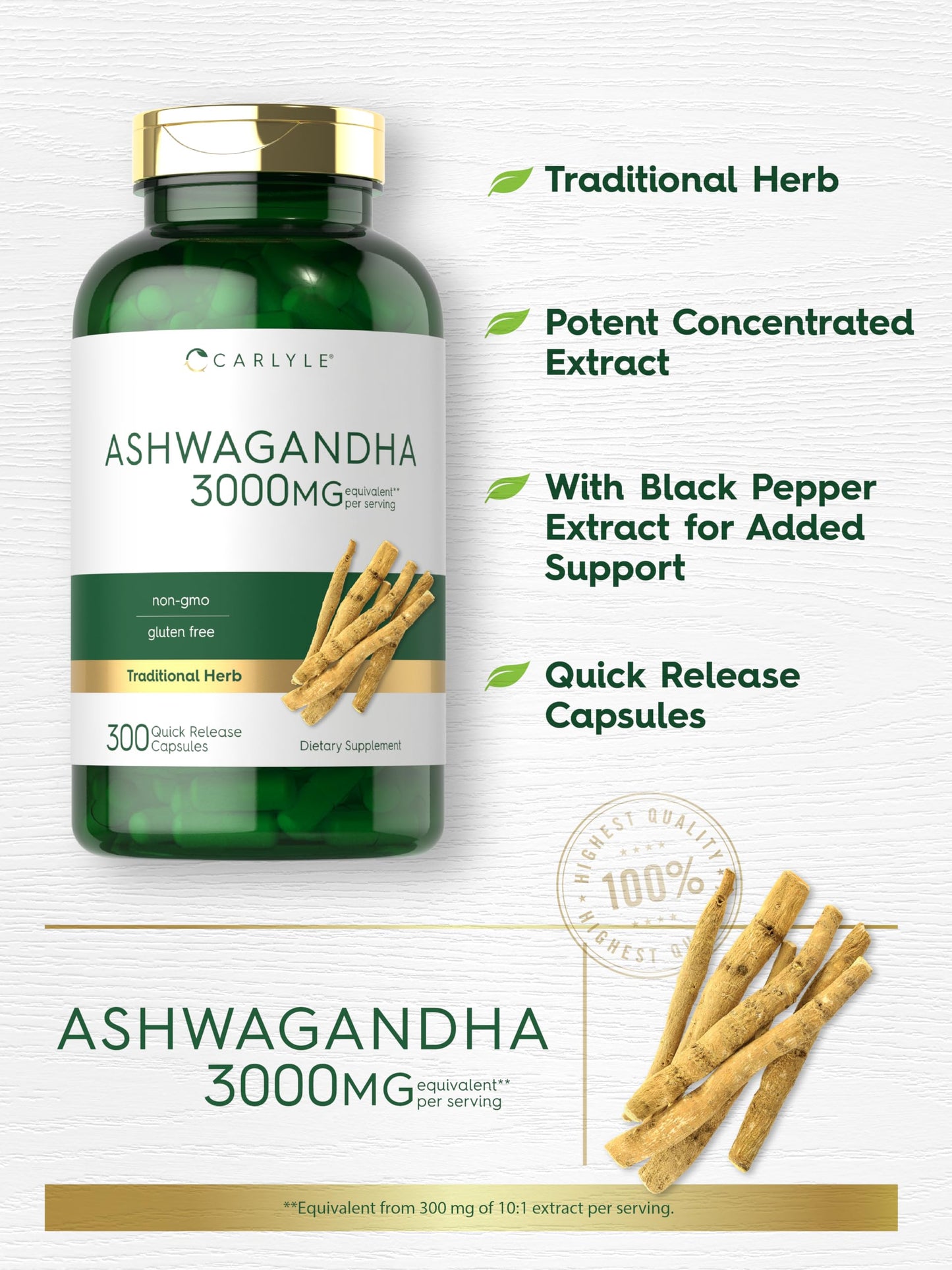 Carlyle Ashwagandha 3000mg - 300 Capsules for Women & Men - Non-GMO & Gluten Free