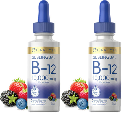 Carlyle Vitamin B12 Sublingual Liquid Drops 10,000 mcg - 2 fl oz | Vegetarian, Non-GMO, Gluten Free (Pack of 2)
