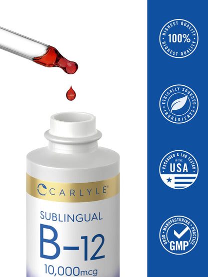 Carlyle Vitamin B12 Sublingual Liquid Drops 10,000 mcg - 2 fl oz | Vegetarian, Non-GMO, Gluten Free (Pack of 2)